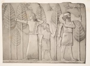 Jagers met gazelle, haas en vogels (Khorsabad), uit Monumenten van Nineveh, uitgegeven 1849