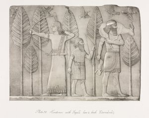 Monumenten van Nineveh: Plaat 32, Jagers met gazelle, haas en vogels Khorsabad, 1853