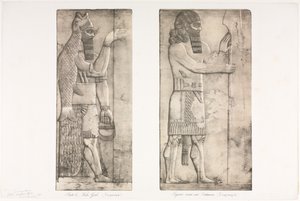 Monumenten van Nineveh: Plaat 6, Vis-god Nimroud, figuur bij een ingang Kouyunjik, 1853 door Austen Henry Layard