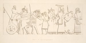 De koning ontvangt gevangenen, uit Monumenten van Nineveh, uitgegeven 1849
