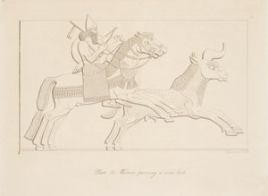 Krijger achtervolgt een wilde stier, uit Monumenten van Nineveh, uitgegeven 1849 door Austen Henry Layard
