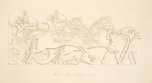 Krijgers vechten in strijdwagens, uit Monumenten van Nineveh, uitgegeven 1849 door Austen Henry Layard