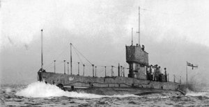Port boegzicht van HMA onderzeeër AE2, ca. 1915
