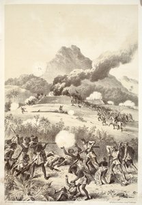 Het innemen van een Maori-redoute, uit The History of Australasia door David Blair, McGrady, Thomson, en Niven, 1879