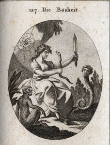 Allegorie van de mechaniek. Ze kijkt gelukkig met een aspic en een dolk. Haar attributen zijn de slang met een menselijk gezicht die bedrog wenst, de aap die het embleem van boosaardigheid is, en de spin die verwijst naar vallen. Gravure in 