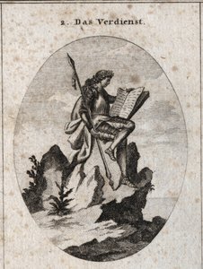 Allegorie van verdienste op de top van een steile rots met wapens en een boek die het resultaat van zijn werken en studies symboliseren. Gravure in 