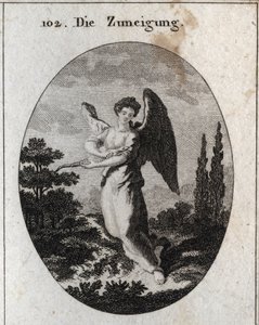 Allegorie van genegenheid of vriendelijkheid. Zijn attribuut is de hagedis, symbool van zijn vriendelijkheid en natuurlijke genegenheid voor mensen. Gravure in 
