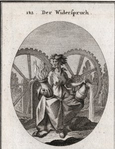 Allegorie van ergernis. Zijn pak is in tweeën gesplitst. Ze houdt een vat water en een vat vuur vast. De twee tandwielen bewegen in tegengestelde richtingen. Gravure in 