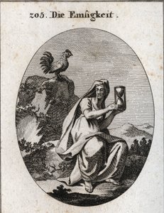 Allegorie van waakzaamheid. Ze houdt een zandloper vast en zit aan de voet van een rots omgeven door een klimopplant. De haan is haar attribuut omdat waakzaamheid niet zonder waakzaamheid bestaat. Gravure in 