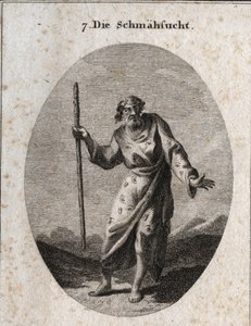 Allegorie van verwijt voorgesteld door Momus, de god van satire en berisping, als een oude man die spreekt en de aarde slaat. Zijn kleding is bezaaid met oren, ogen en tongen. Gravure in 