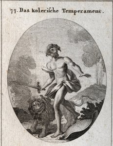 Allegorie van cholerische gemoedstoestand. Hij houdt een zwaard vast om aan te vallen en heeft net zijn schild weggegooid, vergetend zichzelf te verdedigen. Zijn attribuut is een dreigende leeuw. Gravure in 