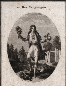 Allegorie van tevredenheid voorgesteld door een jonge man die met één hand een gouden appel vasthoudt en met de andere een boeket bloemen. Ze tonen aan dat alles wat hem omringt deelneemt aan zijn vreugde, die wordt gesymboliseerd door de robijn die op zij door Austrian School