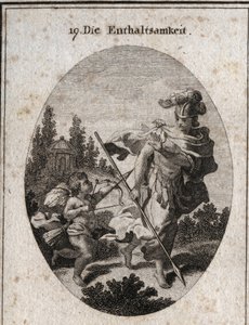 Allegorie van matigheid, heroïsche deugd vertegenwoordigd als een krijger met een helm en een speer naar de aarde gericht. Ze vermijdt het vechten tegen passies (vertegenwoordigd door liefde) en verdedigt zich tegen hun aantrekkingskracht om haar kuisheid  door Austrian School