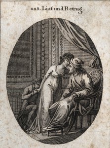 Allegorie van sluwheid en bedrog. Uitdrukking: Wie je meer liefkozingen geeft dan gewoonlijk, het is een teken dat hij je heeft bedrogen of dat hij je wil bedriegen. Gravure in 
