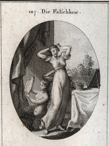 Allegorie van valsheid. Gravure in "Iconologie oder Ideen aus dem Gebiete der Leidenschaften und Allegorien bildich dargestellt fur Zeichner, Mahler"