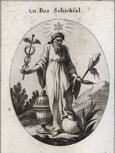 Allegorie van het lot. Een ster erboven weerspiegelt astrologische rapporten over incidenten in het menselijk leven. Hij houdt met één hand een bladverliezend symbool van zijn macht en in de andere een rietstengel en een spoel waarvan de gebroken draad de  door Austrian School