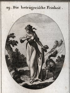 Allegorie van finesse die de neiging heeft te misleiden. Ze wordt afgebeeld met één hand op haar borst en een andere hand achter haar rug met een vos, symbool van misleiding. Gravure in 