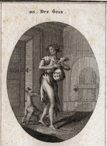Allegorie van hebzucht afgebeeld in lompen met een gouden ketting die hem als riem dient, wat benadrukt dat bezit van eigendommen haar slaaf maakt tot het punt dat ze de noodzakelijke dingen weigert. Op de beurs staat de naam Pluto, god van rijkdom in de m door Austrian School