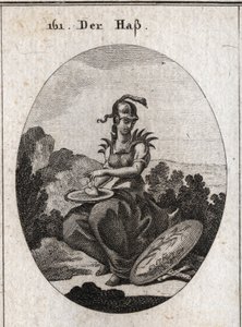 Allegorie van haat. Haar harnas is bedekt met ijzeren punten, haar helm omringd met een adder en ze houdt een schaal vast waarop een hart ligt dat ze besprenkelt met gal. Haar attribuut is een schild waarop een rietplant en een varen zijn afgebeeld, beide  door Austrian School