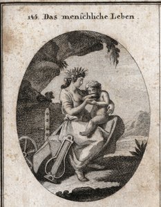Allegorie van het menselijk leven. Lier en ploeg symboliseren plezier en werk. Ze geeft een kind te drinken, essentieel om te leven. Gravure in 