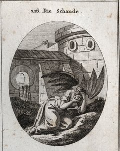 Allegorie van schande die het gezicht met de handen bedekt en haar attributen zijn twee grote zwarte vleermuisvleugels. Gravure in "Iconologie oder Ideen aus dem Gebiete der Leidenschaften und Allegorien bildich dargestellt fur Zeichner, Mahler, Dichter, G door Austrian School
