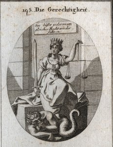 Allegorie van gerechtigheid. Haar attributen zijn balans en zwaard. Ze zit in een rechtszaal en draagt een gouden kroon op haar hoofd. Onder haar voeten knaagt fraude, bezorgd om ontdekt te worden, aan zijn vuisten. Gravure in "Iconologie oder Ideen aus de door Austrian School