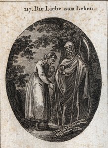 Allegorie van liefde voor het leven. Een oude vrouw roept de dood om haar te helpen haar houten klompen op haar hoofd te zetten. Gravure in "Iconologie oder Ideen aus dem Gebiete der Leidenschaften und Allegorien bildich dargestellt fur Zeichner, Mahler, D door Austrian School