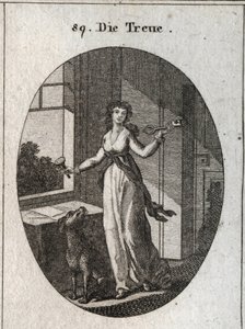 Allegorie van loyaliteit waarvan de symbolen de sleutel, het zegel en de hond zijn. Gravure in 