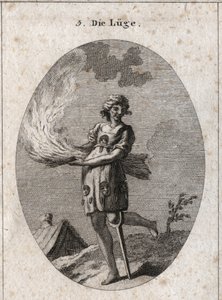 Allegorie van leugen voorgesteld door een lelijke vrouw met slecht haar en slechte kleding. Haar kleding is gevuld met tongen en maskers. Het brandende stro illustreert het gebrek aan substantie van haar woorden en het houten been, de geringe soliditeit. G door Austrian School