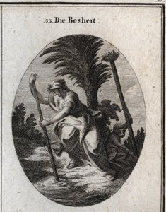 Allegorie van boosaardigheid. Ze houdt een stok vast waarmee ze het water van de vijver verstoort. De aap, haar attribuut, ontwortelt een paal om het vogelnest dat bovenaan zit neer te halen. Gravure in 