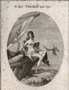 Allegorie van maritieme overvloed voorgesteld door Ceres zittend op de boeg van een schip. Ze houdt een boeket hennep vast, een tak van knie waarop zijderupscocons zijn bevestigd. Ze leunt op graankorrels die terug in de boot hangen. Gravure in 