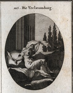 Allegorie van kwaadsprekerij. Gravure in "Iconologie oder Ideen aus dem Gebiete der Leidenschaften und Allegorien bildich dargestellt fur Zeichner, Mahler" door Austrian School