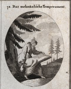 Allegorie van melancholische gemoedstoestand. Hij houdt een boek en een beurs vast en zijn mond is met een blinddoek gesloten. Een vogel zit op zijn hoofd. Gravure in 