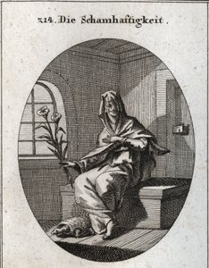 Allegorie van bescheidenheid. Haar symbool is een tak van lelies en een schildpad die betekent dat bescheiden vrouwen uit hun huizen moeten worden verwijderd. Haar gezicht is bedekt met een sluier. Gravure in 
