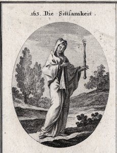 Allegorie van bescheidenheid. Gravure in "Iconologie oder Ideen aus dem Gebiete der Leidenschaften und Allegorien bildich dargestellt fur Zeichner, Mahler, Dichter" door Austrian School