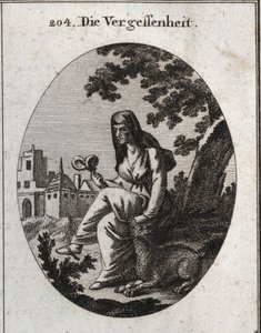 Allegorie van vergetelheid. Ze houdt een alruinplant vast, een krachtig narcoticum. De lynx is het dier dat aan Bacchus is gewijd. Gravure in 