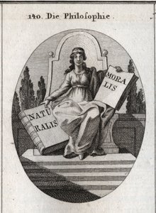 Allegorie van filosofie zittend op een marmeren troon boven verschillende treden. Ze heeft een gouden diadeem op het voorhoofd en houdt twee open boeken 
