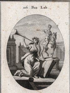 Allegorie van lof. Gravure in "Iconologie oder Ideen aus dem Gebiete der Leidenschaften und Allegorien bildich dargestellt fur Zeichner, Mahler"