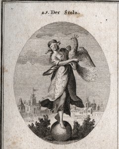 Allegorie van trots vertegenwoordigd door een jong meisje met een blinddoek geplaatst op een bal, symbool van haar weinig soliditeit. De pauw symboliseert de trotse geest. De rijke kleding bedekt haar arme kleren om de buitenkant te tonen. Gravure in Icono door Austrian School