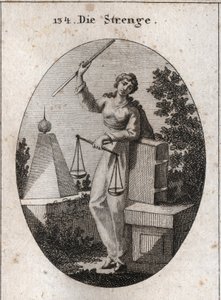 Allegorie van strengheid. Gravure in "Iconologie oder Ideen aus dem Gebiete der Leidenschaften und Allegorien bildich dargestellt fur Zeichner, Mahler"