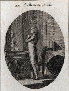 Allegorie van zelfkennis. Een jonge man kijkt in een spiegel. Gravure in 