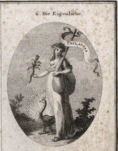 Allegorie van eigenliefde, voorgesteld als een jonge vrouw die een zak sluit die haar fouten symboliseert met een stok waarop de Griekse vertaling “Philautia” is gegraveerd. Attributen: de pauw die het wiel maakt en de narcisbloem. Gravure in “Iconologi door Austrian School