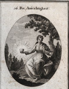 Allegorie van oprechtheid met een duif tegen haar borst en een stralend hart. Gravure in 