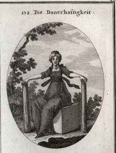 Allegorie van stabiliteit zittend op een marmeren kubus met twee stapels loodrecht in de aarde. Gravure in 