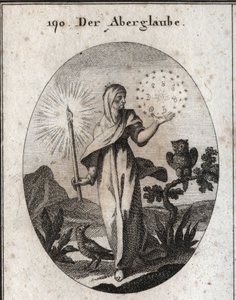 Allegorie van bijgeloof. Ze houdt een kaars vast en een cirkel van sterren die de tekens van de zeven planeten omringen die ze als angstaanjagend beschouwt. Haar attributen zijn de uil en de kraai. Gravure in 
