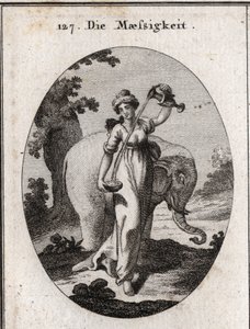 Allegorie van matigheid. Haar attributen zijn water en wijn gemengd, evenals de olifant, een dier dat altijd dezelfde hoeveelheid voedsel eet zonder overdaad. Gravure in 