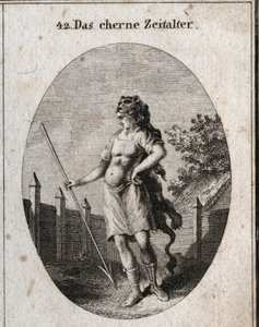 Allegorie van het Kopertijdperk afgebeeld als een schildwacht bij een hek in een trotse houding, bewapend met een borstkuras en een werpspies en een kap van een leeuwenhuid. door Austrian School