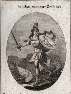 Allegorie van het IJzeren Tijdperk dat wordt gekenmerkt door geweld, slechte trouw en verraad. Van woeste verschijning, ze is gewapend met een helm in de vorm van een wolvenkop, houdt een zwaard en een schild waarop fraude en ondeugd zijn afgebeeld (zeemee door Austrian School