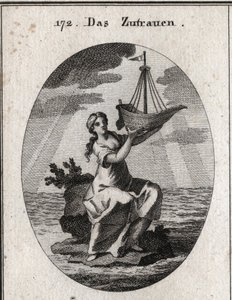 Allegorie van vertrouwen, voorgesteld door een vrouw die op een plek midden in de zee zit en in haar hand een schip vasthoudt dat ze heeft opgetild. Gravure in 