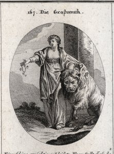 Allegorie van de generositeit met een gouden kroon op het hoofd en ontbloot bovenlijf, wijzend op de adel van gevoelens en oprechtheid van het hart. Ze presenteert juwelen en goud in de ene hand en de andere rust op een leeuw die vredig aan haar voeten lig